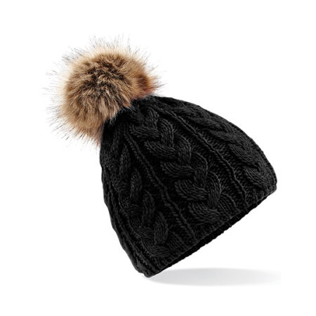 Faux Fur Pop Pom Cable Beanie