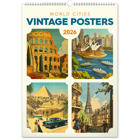 NOTIQUE Nástenný kalendár Vintage plagáty – svetové mestá 2026, 33 x 46 cm